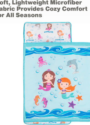 EVERYDAY KIDS Toddler Nap Mat with Removable Pillow -Underwater Mermaids- Carry Handle with Fastening Straps Closure, Rollup Design, Soft Microfiber for Preschool, Daycare Sleeping Bag, Ages 2-6 years