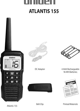 Uniden Atlantis 155 Handheld Two-Way VHF Marine Radio, Floating IPX8 Submersible Waterproof, Dual-Color Screen, All USA/International/Canadian Marine Channels, NOAA Weather Alert, 10 Hour Battery