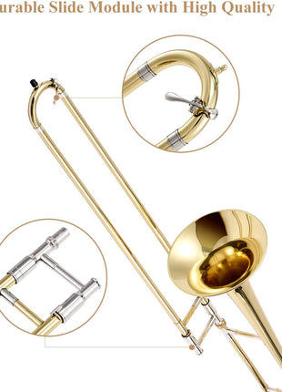Eastar Bb Tenor Slide Trombone for Beginners Students, B Flat Brass Plated Trombone Instrument with Mouthpiece, White Gloves, Cleaning Kit, ETB-330, Golden