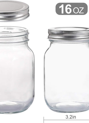 YINGERHUAN Glass Regular Mouth Mason Jars, 16 oz Clear Glass Jars with Silver Metal Lids for Sealing, Canning Jars for Food Storage, Overnight Oats, Dry Food, Snacks, Candies, DIY Projects (4PACK)