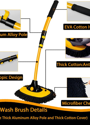 15° Curved Car Cleaning Brush with Telescopic Handle 43 inch Aluminum Alloy Long Rod Wash Mop For Washing Caravan Van Truck Boat RV Roof Soft Chenille Head Duster Clean Product Not Hurt Paint Scratch Free