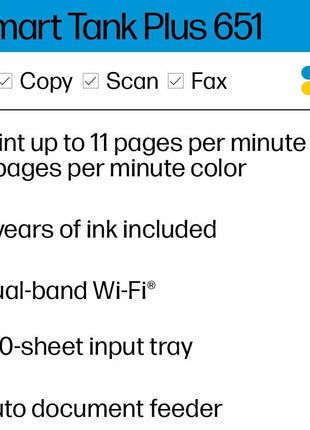HP Smart Tank Plus 651 Wireless All-in-One Printer, Ink Tank Printer-for-Home Use, 2 Years of Ink Included Auto Document Feeder, Mobile Print, Scan, Copy, Fax, an EcoTank Alternative (7XV38A)