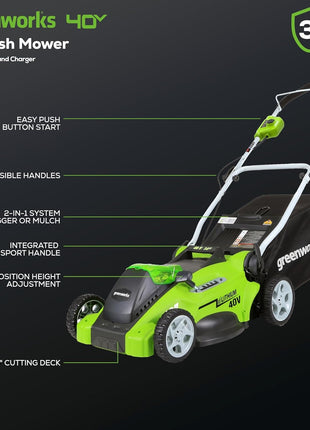 Greenworks 40V 16" (Push) Cordless Lawn Mower, 4.0Ah Battery (1/3 Acre, Push Button Start, Compatible with 75+ Tools)