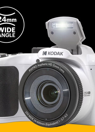 KODAK PIXPRO AZ255 16MP Digital Camera, 25x Optical Zoom, AA, OIS, White | 1080p Full HD Video, 24mm Wide Angle Lens, 3 Inch LCD, Bridge Camera, Wildlife and Travel Photography, SD Card
