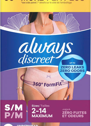 Always Discreet Adult Diapers for Women, Incontinence Underwear, Postpartum Essentials, Disposable Briefs, Max Absorbency, Bladder Leak Protection, Small/Medium, 32ct