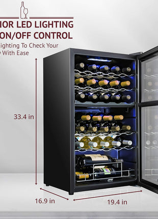 SCHMECKE 33 Bottle Dual Zone Wine Cooler Refrigerator w/Lock | Large Freestanding Wine Cellar | 41f-64f Digital Temperature Control Wine Fridge For Red, White, Champagne or Sparkling Wine - Black