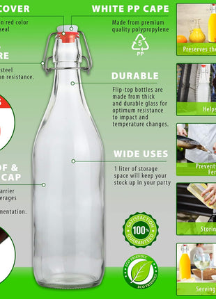 Flip Top Glass Bottle [1 Liter / 33 fl. oz.] [Pack of 6] – Swing Brewing with Stopper for Beverages, Oil, Vinegar, Kombucha, Beer, Water, Soda, Kefir Airtight Lid & Leak Proof Cap Clear