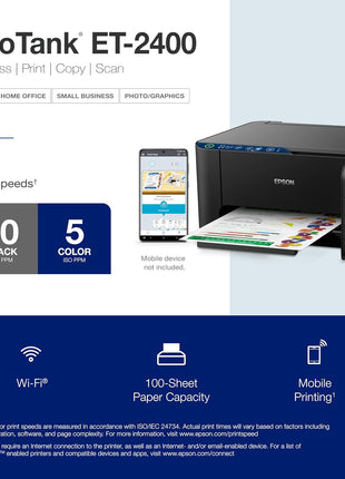 Epson EcoTank ET-2400 Wireless Color All-in-One Supertank Printer | Cartridge-free print, scan, copy; up to 10 ppm, borderless photo printing; ideal for home and everyday use