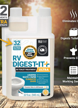 Unique RV Digest-It Ultra RV Toilet Treatment, 32 Uses, Super Concentrated - Eliminates Smells and Liquifies Waste, Easy-Measure Extra-Strength Preventive Bio-Enzymatic Holding Tank Treatment (32 oz)