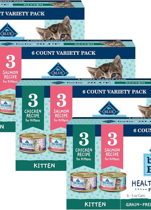 Blue Buffalo Baby Blue Natural Kitten Wet Cat Food Paté Variety Pack, Healthy Growth Formula with DHA, High-Protein & Grain-Free, Chicken and Salmon Recipes, 3-oz Cans (6 Count, 3 of Each) (Pack of 4)