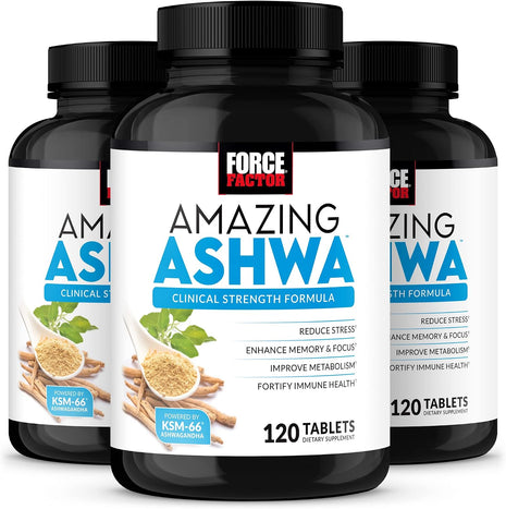 Force Factor Amazing Ashwa, Ashwagandha Supplement for Stress Relief | with KSM-66 Ashwagandha, Support Focus & Memory, Vitamins & Antioxidants, Cortisol Supplement for Women, 360 Tablets, 3-Pack