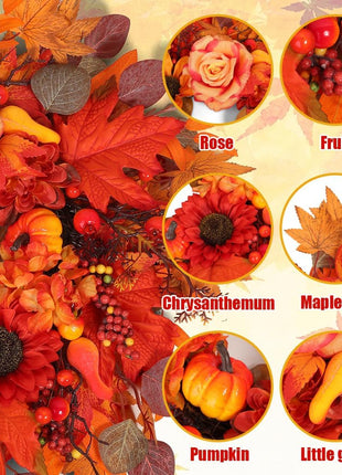 24" Fall Wreath for Front Door Outside - Sunflower, Pumpkin, Berry & Maple Leaves | Weatherproof Autumn Outdoor Wreaths with Hanger Hook for Thanksgiving, Harvest