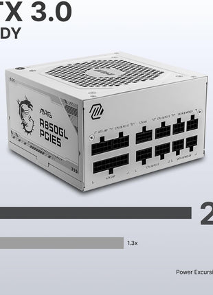 MSI MAG A850GL PCIE5 White, Fully Modular Compact Gaming 850W Power Supply, 80+ Gold, ATX 3.1 & PCIe 5.1 Ready, Native Dual-Color 12V-2x6 Cable, 10 Year Warranty