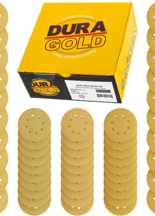 Dura-Gold Premium - Variety Pack - 5" Gold Sanding Discs - 8-Hole Dustless Hook and Loop - 10 Each of Grit (60, 80, 120, 220, 320) - Box of 50 Sandpaper Finishing Discs for Woodworking or Automotive