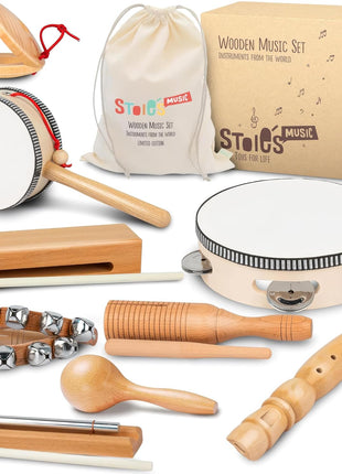 Stoie's Wooden Toddler Musical Instruments with Drum, Hand Bells, Flute, Maracas, Castanet, Tamburine, for Babies and Kids, Eco Friendly Montessori Educational Toy