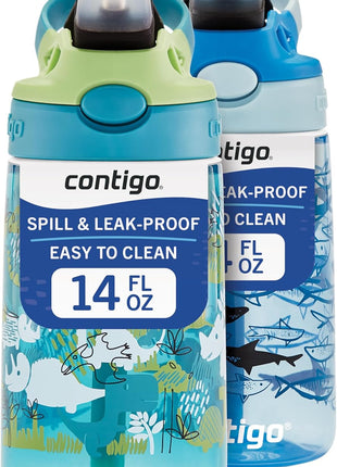 Contigo Aubrey Kids Water Bottle, 2-Pack, 14oz, Dinos & Sharks, Spill-Proof Lid, Dishwasher Safe, Blue & Green