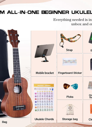 ADM Ukulele Beginner Kit Mahogany Hawaiian Wood Ukelele Bundle Ukalalee Set with Uke Free Starter Lessons for kids Students and Adults, Yellow Brown (Khaki, 21 inch)