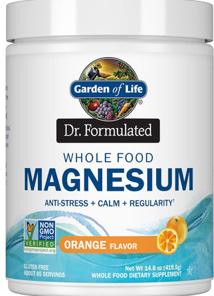 Garden of Life Dr. Formulated Whole Food Magnesium 419.5g Powder - Orange, Chelated, Non-GMO, Vegan, Kosher, Gluten & Sugar Free Supplement with Probiotics - Best for Anti-Stress, Calm & Regularity