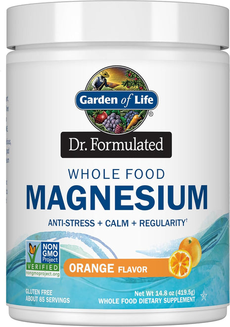Garden of Life Dr. Formulated Whole Food Magnesium 419.5g Powder - Orange, Chelated, Non-GMO, Vegan, Kosher, Gluten & Sugar Free Supplement with Probiotics - Best for Anti-Stress, Calm & Regularity