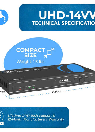 OREI 4K 2x2 HDMI or USB-C Video Wall Controller Processor Display Upto 4K 60hz 2x1, 1x2, 1x3, 1x4 Supports 180 Degree Rotate RS-232 Audio Extraction