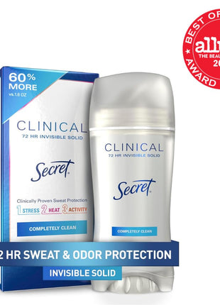 Secret Clinical Strength Invisible Solid Antiperspirant Deodorant for Women, 100HR Sweat & Odor Protection, 3X Stress Protection with Hyaluronic Acid, PH Balanced, Completely Clean Scent, 2.6 oz