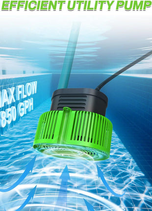 Pool Cover Pump above Ground - Submersible Water Sump Pump Swimming Water Removal Pumps, with Drainage Hose & 25 Feet Extra Long Power Cord, 850 GPH inGround, 3 Adapters
