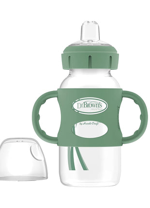 Dr. Brown's Milestones Wide-Neck Sippy Spout Bottle with 100% Silicone Handles, Easy-Grip Handles with Soft Sippy Spout, 9oz/270mL, Green & Gray, 2-Pack, 6m+