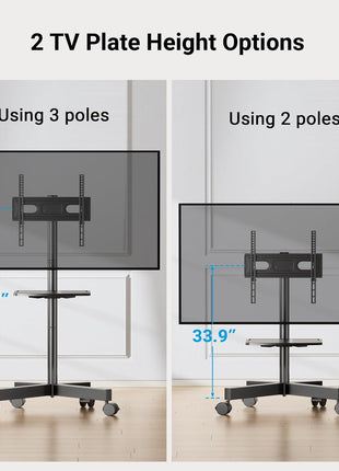 PERLESMITH Rolling TV Stand, Mobile TV Stand for 23-60 Inch LCD LED TVs, Tilt TV Stand Wheels Holds up to 88Lbs, Portable TV Stand for Bedroom with Shelf, Outdoor TV Stand Max VESA 400x400mm PSTVMC06