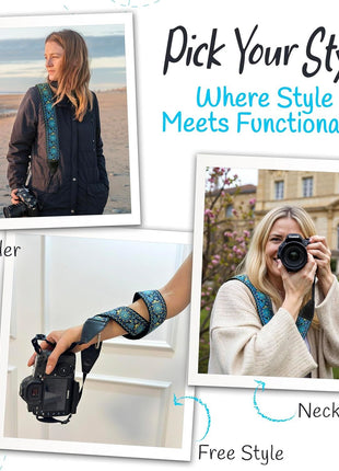 Camera Strap - Shoulder, Crossbody & Neck Camera Strap for Photographers, Fits All Cameras, Canon Nikon Sony Fujifilm, Padded Strap W/ Quick Release, Embroidered Cotton & Leather Ends, Blue