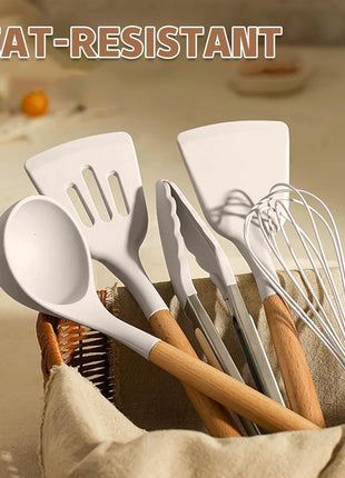 Umite Chef Kitchen Cooking Utensils Set, 33 pcs Non-Stick Silicone Cooking Kitchen Utensils Spatula Set with Holder, Wooden Handle Silicone Kitchen Gadgets Utensil Set (Khaki)