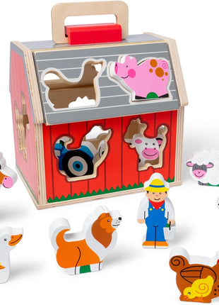 Melissa & Doug Take-Along Wooden Toy Barn, 11-Pc Portable Toddler Playset with Farm Animals & Pop-Up Roof, Preschool Learning Toys for Girls & Boys 2+