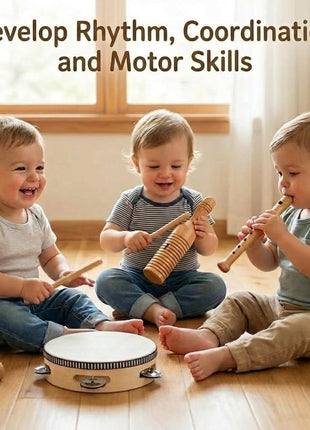 Stoie's Wooden Toddler Musical Instruments with Drum, Hand Bells, Flute, Maracas, Castanet, Tamburine, for Babies and Kids, Eco Friendly Montessori Educational Toy