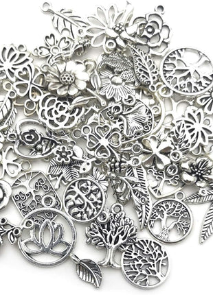 Youdiyla 100pcs Mix Silver Tree Flower Charms Collection, Bulk Mini Small Little Charms Metal Pendant Craft Supplies Findings for Necklace and Bracelet Jewelry Making (HM291)