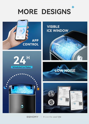 EUHOMY Smart Nugget Ice Maker Countertop, Pebble Ice Maker Machine with APP/Alexa Control, 40lbs/24H, Ready in 7 Mins, Self-Cleaning, Portable Sonic Ice Makers with Hanging Ice Scoop for Home/Office