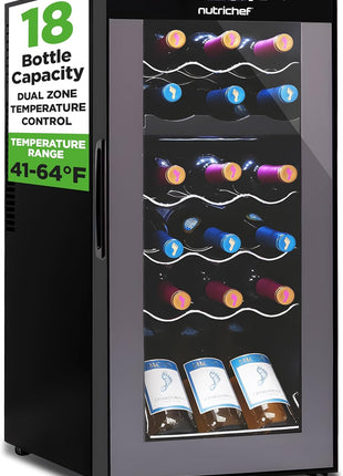 NutriChef PKCWCDS188 Freestanding Wine Fridge, 18 Bottle Dual Zone Beverage Cooler for Home & Office, 32x13x19 inches, Adjustable Temp 41-64F, Black