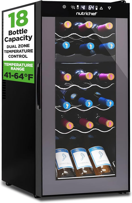 NutriChef PKCWCDS188 Freestanding Wine Fridge, 18 Bottle Dual Zone Beverage Cooler for Home & Office, 32x13x19 inches, Adjustable Temp 41-64F, Black