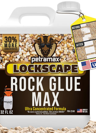 Petra Max Rock Glue for Landscaping, Pet-Safe & Non-Toxic (USA-Made), 32 Oz | Sticky Clear Gravel Binder & Decomposed Granite Stabilizer - Lockdown Gravel/Pebbles/Stones, Mulch Glue for Rocks (50 Sq Ft)