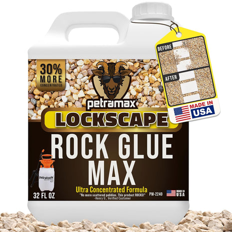 Petra Max Rock Glue for Landscaping, Pet-Safe & Non-Toxic (USA-Made), 32 Oz | Sticky Clear Gravel Binder & Decomposed Granite Stabilizer - Lockdown Gravel/Pebbles/Stones, Mulch Glue for Rocks (50 Sq Ft)