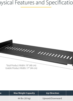 StarTech.com 1U Server Rack Shelf - Universal Vented Rack Mount Cantilever Tray for 19 inch Network Equipment Rack & Cabinet - Heavy Duty Steel - Weight Capacity 44lb/20kg - 7 inch Deep Shelf (CABSHELF1U7V)