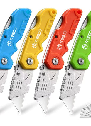 4-Pack Box Cutter, Colorful Folding Utility Knife w/ 10 pcs Blades | Tough Design, Razor Sharp Blade, Comfortable Handle, Can cut Drywall, Sheet Plastic, Linoleum, Boxes, Rope