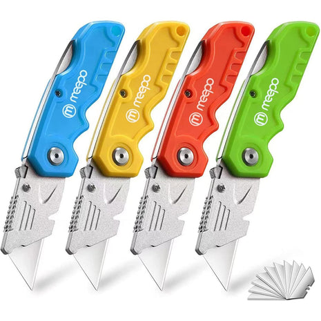 4-Pack Box Cutter, Colorful Folding Utility Knife w/ 10 pcs Blades | Tough Design, Razor Sharp Blade, Comfortable Handle, Can cut Drywall, Sheet Plastic, Linoleum, Boxes, Rope