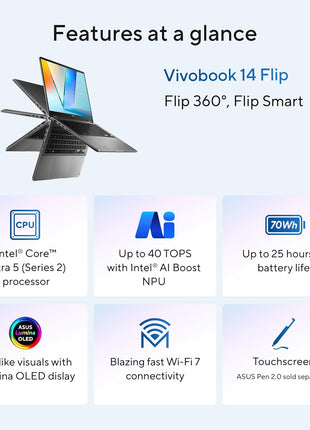 ASUS Vivobook 14 Flip Laptop Copilot+ PC, 14 inch OLED WUXGA 60Hz Touch Display, Intel® CoreTM Ultra 5 226V and ArcTM Graphics, 16GB Memory, 512GB Storage, Windows 11, Matte Gray, TP3407SA-ES54T