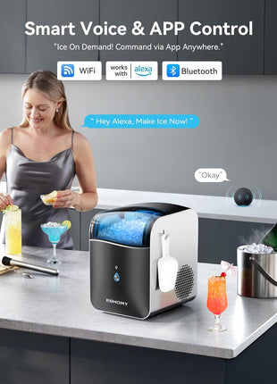 EUHOMY Smart Nugget Ice Maker Countertop, Pebble Ice Maker Machine with APP/Alexa Control, 40lbs/24H, Ready in 7 Mins, Self-Cleaning, Portable Sonic Ice Makers with Hanging Ice Scoop for Home/Office