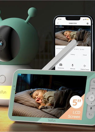 BOIFUN 2026 Upgraded 2K WiFi Baby Monitor with Camera and Audio, Smart Night Light, APP & 5inch Split-Screen Control, Motion/Cries/Sound/Custom Alarm Zone Detect, Auto Tracking, Humidity Temp Detect