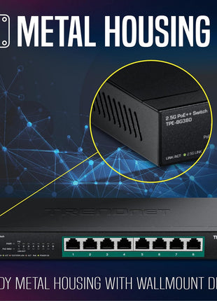 TRENDnet 8-Port 2.5G PoE++ Switch, TPE-BG380, 8 x 2.5GB PoE++ Ports, 230W Poe Power Budget, 40Gbps Switching Capacity, NDAA + TAA Compliant, Lifetime TRENDnet Protection