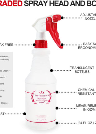Uineko Plastic Spray Bottle (4 Pack, 24 Oz, All-Purpose) Heavy Duty Spraying Bottles Leak Proof Mist Empty Water Bottle for Cleaning Solution Planting Pet with Adjustable Nozzle and Measurements