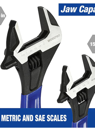WORKPRO 2-Piece Adjustable Wrench Set, 6-Inch & 10-Inch Wide Jaw Black Oxide Wrench, Cr-V Steel, Metric & SAE Scales, Max Jaw Opening 15/16 inch & 1-5/16 inch, for Home Repairs, Plumbing, Garage Work