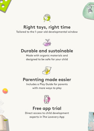 Lovevery | The Babbler Play Kit, Birthday Play Kit, Montessori Toddler Toy, 8 Play Products, 1 Board Book, and Play Guide (Best Birthday Gift for 1 Year Old), Medium