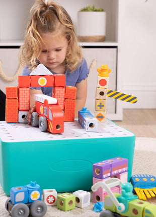 Melissa & Doug BlockablesTM Deluxe City Snap and Play, Mix and Match Connectable Wooden Building Blocks Set with Storage Bin and Play Lid (122 Pcs) Ages 2 to 7- FSC Certified