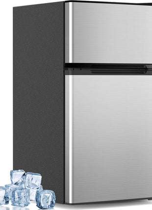 Electactic 3.2 Cu.Ft Mini Fridge with Freezer, Compact Refrigerator with 2 Doors, Small Fridge with Adjustable Thermostat & Removable Glass Shelves for Bedroom, Office, Dorm, or Apartment, Silver